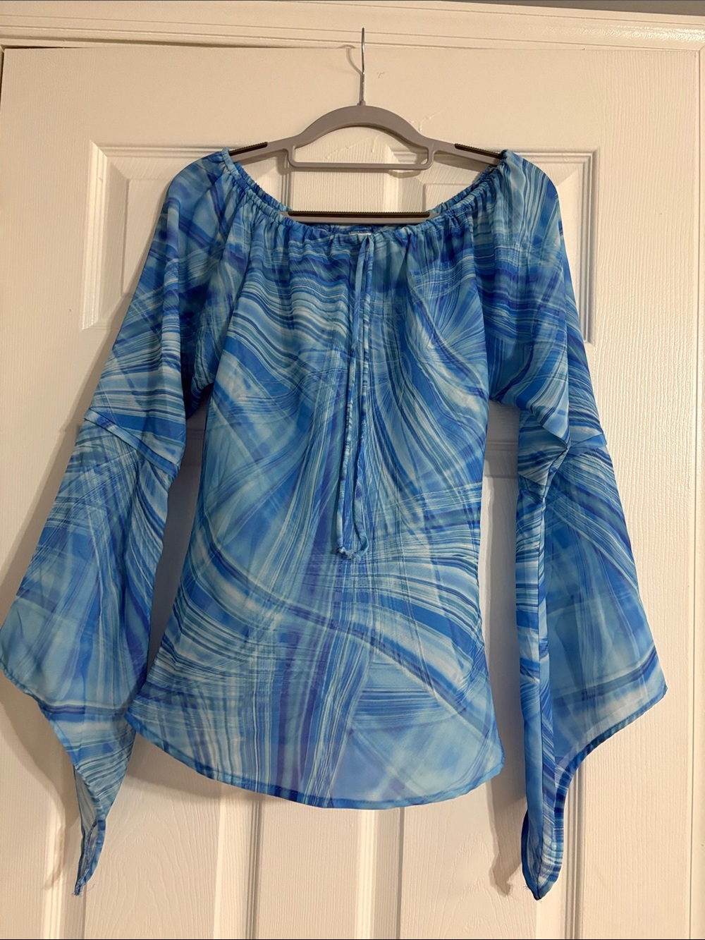 Women's Blue Printed Off-Shoulder Bell-Sleeve Blouse